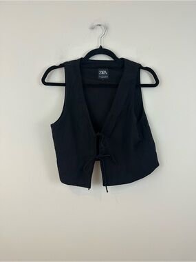 ZARA Black Tie-Front Cropped Crepe Vest Top Size Medium Women's